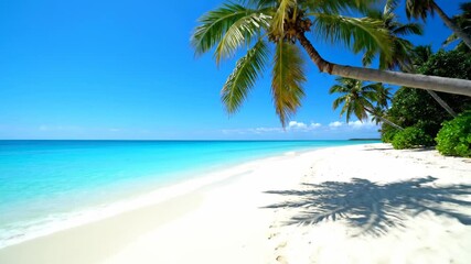 A vibrant wide shot captures an idyllic turquoise and bright blue tropical island paradise, featuring a leaning palm tree offering shade over pristine white sand beach footprints.