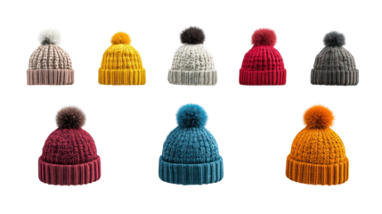 Vibrant colorful knitted winter hats collection 3D render on transparent background