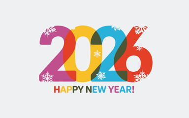 2026 Happy New Year colorful text with snowflakes