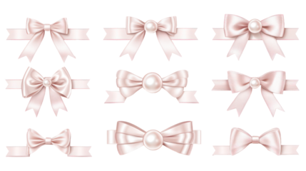 Collection of decorative bows made from white pearls arranged on transparent background