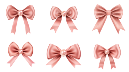 Collection of decorative bows made from white pearls arranged on transparent background