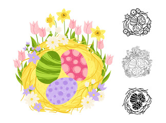 Happy Easter eggs in the nest symbol cartoon set. Easter illustration nest full of decorated eggs spring flowers linear doodle icon. Vector isolated on white background for card postcard invitation
