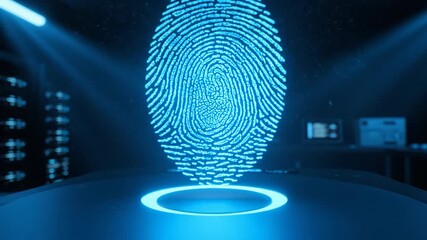 A vibrant blue, digitally projected fingerprint hologram is illuminated by spotlights, representing secure biometric identification in a dark server room. - Powered by Adobe