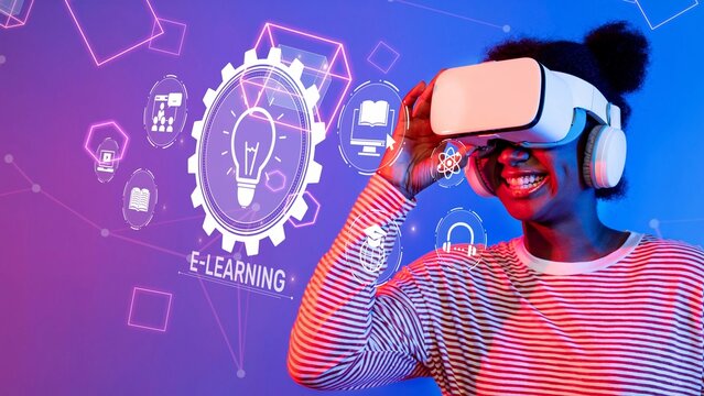 A joyful young woman explores virtual reality technology for e-learning, surrounded by bright icons representing education and innovation in a vibrant digital world. Raster - Powered by Adobe