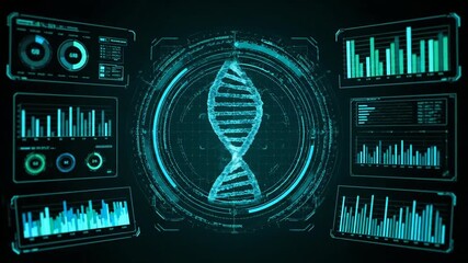 A glowing, futuristic dna helix is being analyzed, surrounded by holographic data charts and graphs displayed on a vibrant cyan blue hud interface against a dark digital background. - Powered by Adobe