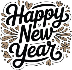 Fototapeta premium Happy New Year calligraphy with hearts and flowers