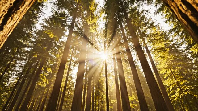 Sunlight filtering through tall forest trees