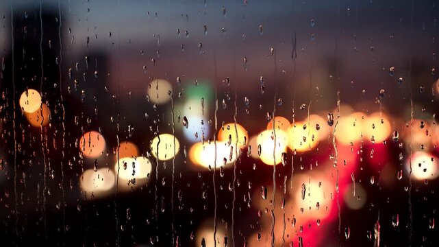 玉ボケの街の背景に窓ガラスを伝う雨粒