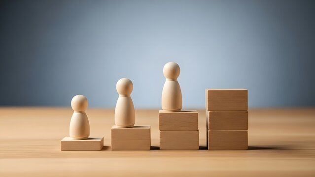 Wooden human figures standing on stacked blocks representing career growth and hierarchy