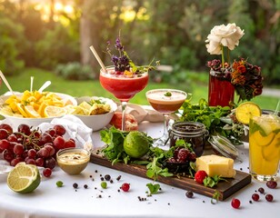 Outdoor table laden with fruit, cocktails, greenery, cheese, and garnishes, bathed in warm sunlight