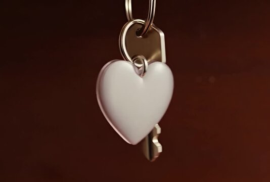 Heartshaped keychain with silver key on a dark background