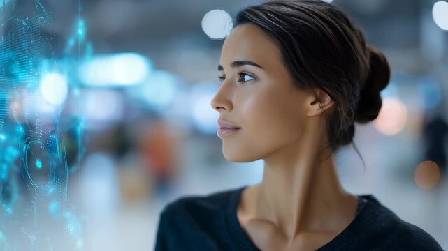 A woman stands in front of a glowing virtual display, symbolizing the integration of technology and daily life. The scene reflects progress, innovation, and a forward thinking mindset