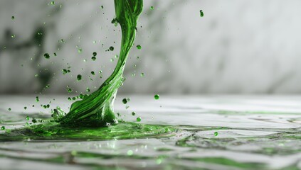 A vibrant green liquid, possibly a viscous syrup or paint, 