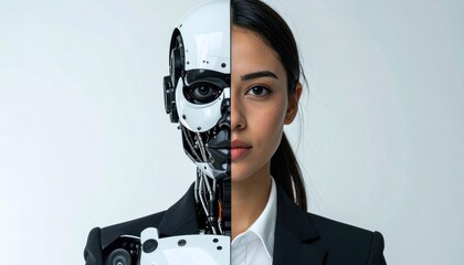 Split portrait showcasing human and robotic halves, contrasting faces against a plain backdrop
