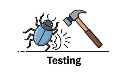 Bug Testing Concept with Cartoon Bug and Hammer.