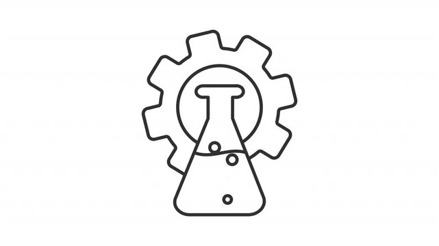 Animated Erlenmeyer flask with cogwheel line icon. Bioengineering animation. Innovations in healthcare. Chemical research of substance. Outline element on white background. HD video with alpha channel