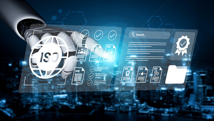 A robotic hand interacts with a digital interface showcasing ISO certification elements against a vibrant urban skyline, symbolizing innovation and compliance in technology. Gantry