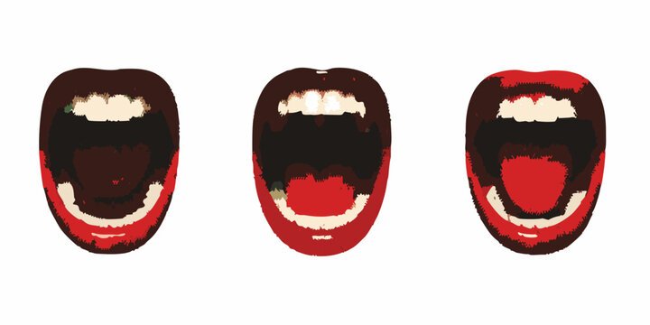 Three open mouths depicted in a graphic illustrative style with red lips
