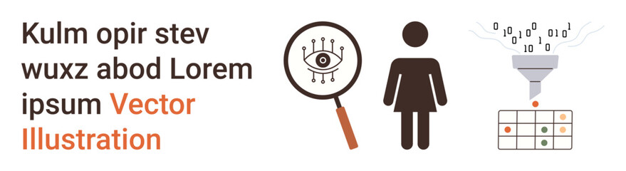 Data management, information security, user identity, analytics, visualization, research. Eye under magnifying glass, female figure binary funnel. Data management and information security concept © robu_s
