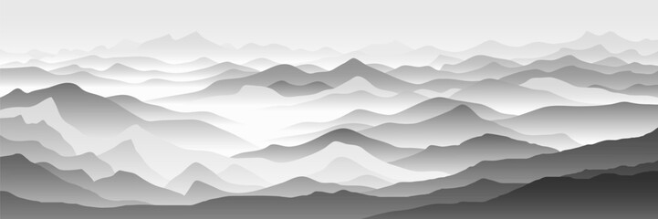 Vector minimalistic illustration of mountains, black and white landscape, ridge gradients in the morning haze, panoramic view
