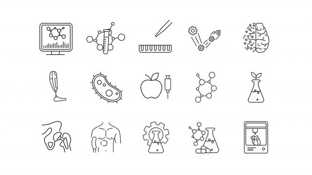 Animated bioengineering line icons. Biotechnology in medicine animation set. Integration of genetic research and technology. Outline elements on white background. HD video with alpha channel