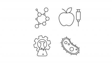 Animated bioengineering solutions line icons. Biotechnology integration animation set. Genetically modified food. Microorganisms. Outline elements on white background. HD video with alpha channel