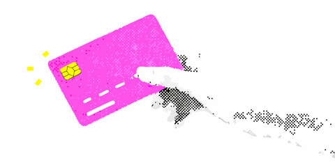A pink credit card being held by a hand with scattered gold shapes