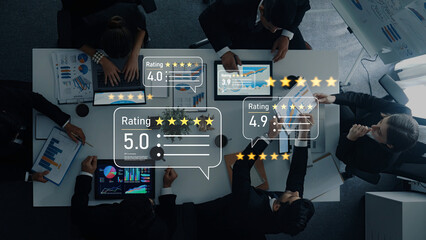 A diverse group of professionals engage in a business meeting, analyzing performance ratings...