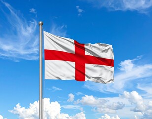 A white flag with a vibrant red cross waves proudly against a bright blue sky, accented by fluffy white clouds