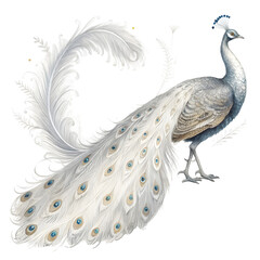 Fototapeta premium White Peacock Watercolor Illustration Bird Feather on transparent background