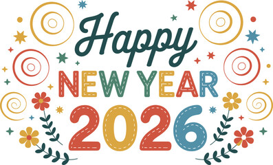 Happy New Year 2026 text with floral and star decorations