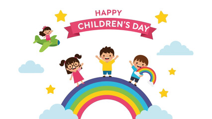 Happy Children's Day Celebration with Kids Playing on a Rainbow with an Airplane