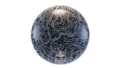 Glowing circuit board sphere on black background for tech concepts