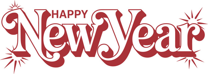 Happy New Year text with decorative flourishes lettering
