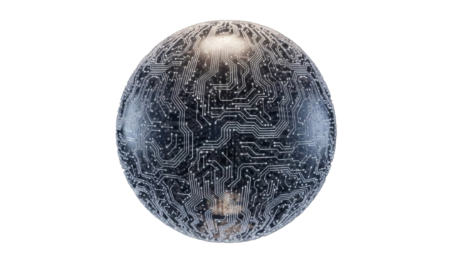 Glowing circuit board sphere on black background for tech concepts - Powered by Adobe