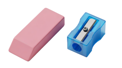 Pink eraser and blue pencil sharpener on black background