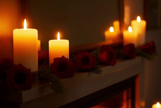 Candlelit decoration with roses and warm glow on mantelpiece