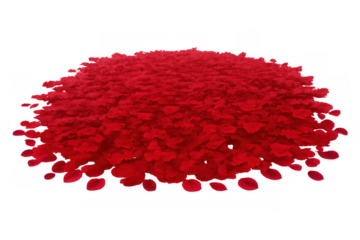 Red rose petals pilling up, creating a heap of love and romance, symbolizing passion and celebration on transparent background