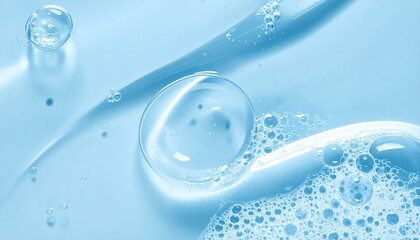 Close-up of clear liquid with bubbles, swirls, and a circular, transparent lens floating within the fluid. Light blue tones