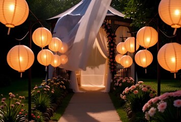 Romantic outdoor wedding setup with lanterns and floral decorations