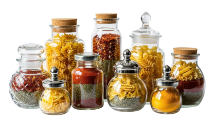Set of decorative glass jars filled with pasta and spices isolated on white background