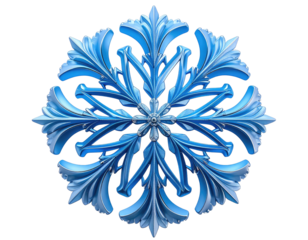 Ornate, symmetrical, blue snowflake with intricate, frosty detailing, set against black