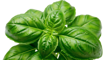 Fresh green basil leaves with water droplets on black background