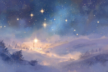 Naklejka premium Dreamy Christmas illustration, starry night sky, glowing stars, soft fantasy lighting.