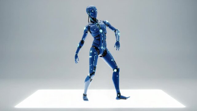 Futuristic Blue Robot Performing a Series of Fluid Dance Moves and Poses