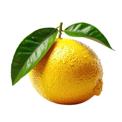 A ripe, yellow citrus fruit with vibrant green leaves against black