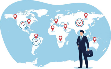 Global business strategy with pins on world map and businessman Vector