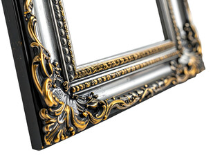 Ornate silver and gold picture frame angled on black background