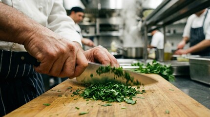 Close-up of professional chef chopping green herbs on a wooden board.