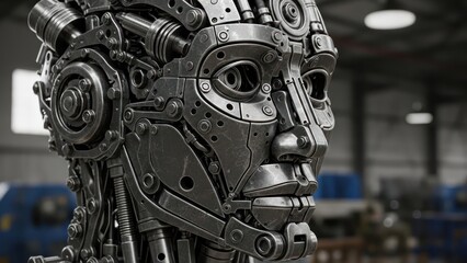 Fototapeta premium innovative robotic human face sculpture made of metal components and gears highlighting technology